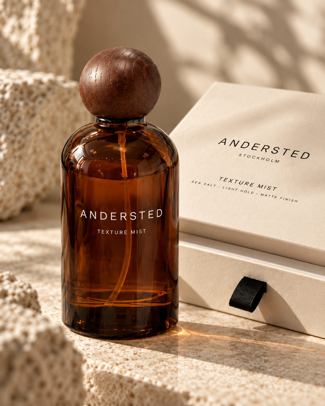 Rendered Andersted Stockholm Texture Mist bottle beside its packaging